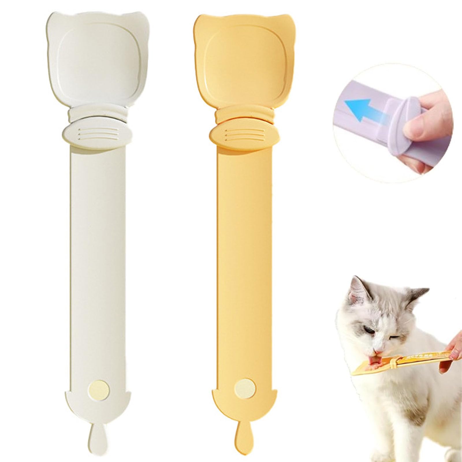 Cat Treat Spoon Squeeze, Cat Squeeze Treat Spoon, Cat Treat Squeeze Spoon Dispenser, Cat Strip Feeder, for Cat Liquid Snack Lickable Cat Feeding, Cat Sliding Dispense (Yellow + White)