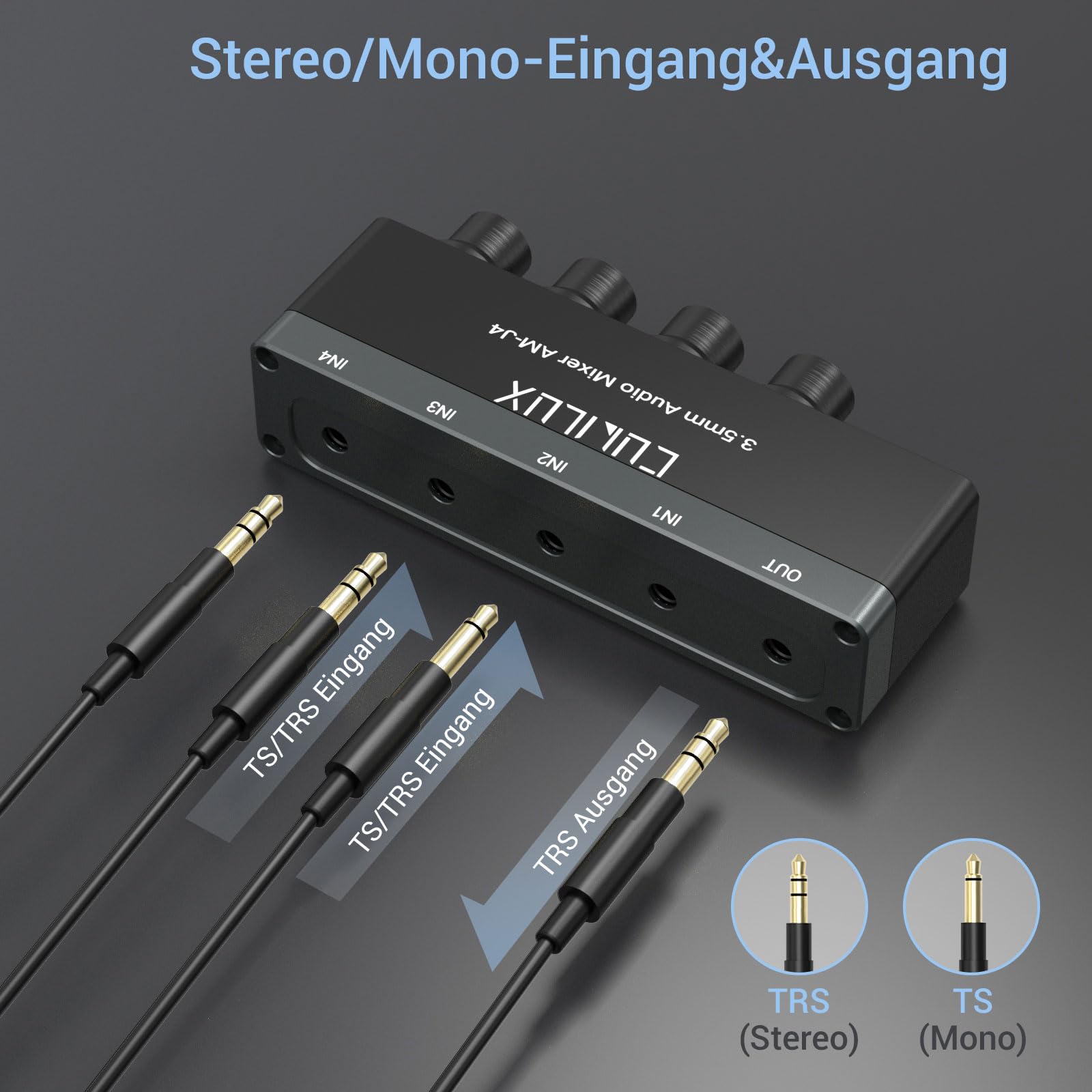 Cubilux 4 Kanal 3,5mm Audio Mixer, Extrem rauscharmer Mini Audio Mixer für Sub-Mixing, 1/8 TS/TRS-Eingang, Stereo-Umschalter, geeignet für Gitarren, Bass, Keyboards