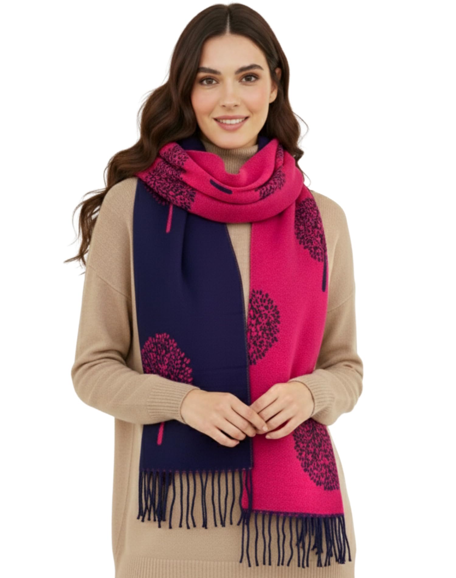 The Accessory Co. Women's Nv Fuchsia Cashmere Tree Life Blanket Scarf - Reversible Pashmina Shawl, Winter Scarf, Large Wrap, Warm, Tree Of Life Print Scarves Long Wraps, Gifts (Nv Fuchsia)