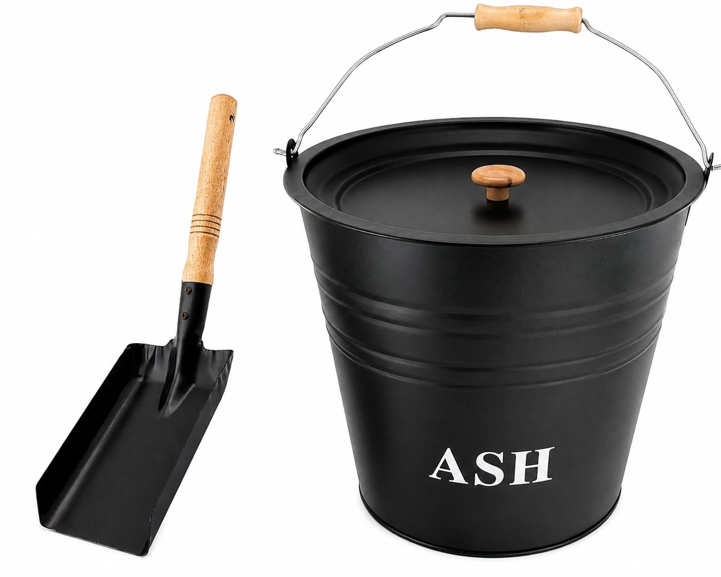 12L Heavy Duty Steel Ash Bucket with Lid Wooden Handle & Shovel – Galvanised Metal Coal Charcoal Bin for Fireplaces Fire Pits Wood Burning Stoves Indoor Outdoor Black
