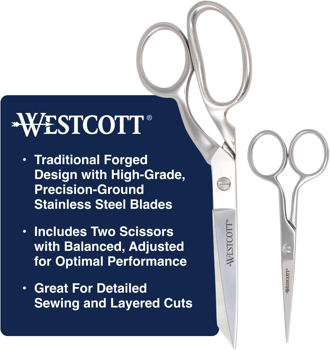 Westcott Forged 8in & 5in Scissors for Fabric and Paper Crafts, 2-Pack, Detail Snips and Heavy Duty Shears, Dressmaker Shears for Sewing, Tailoring, Quilting, Art, Office