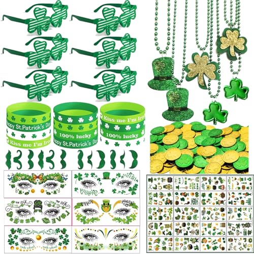 178 Pack St Patricks Day Accessories Set, St Pattys Accessories Decorations Party Favor Bulk Shamrock Glasses Wristbands Necklace Green Beard Tattoo Stickers Coins for Irish Party Supplies