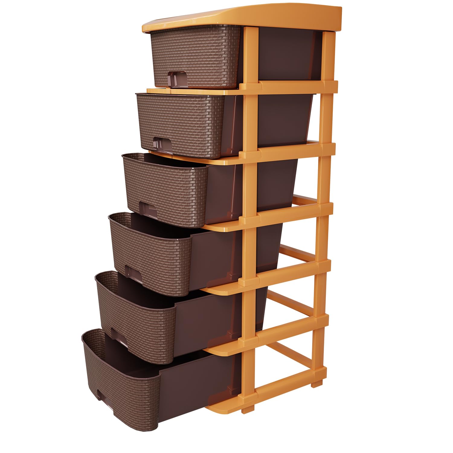 TEX-RO Plastic Modular Drawer Storage Chest of Drawers Organizer Storage Box | Large Stomo Racks for Multipurpose Anti-Slip Shoes Organizers | Brown | 6 Layer
