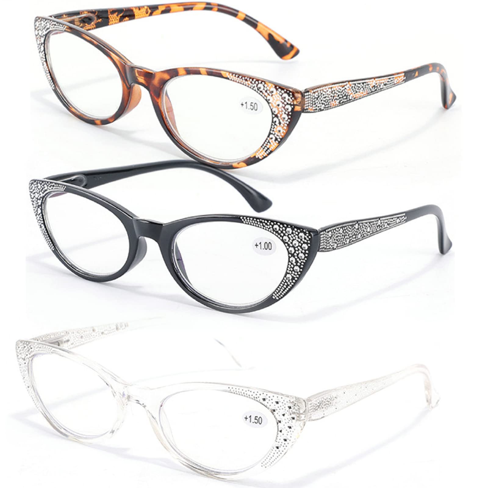 3pcs Cat Eye Bling Reading glasses Shiny Rhinestone reader Vintage Style Ladies Anti Blue Light Trendy Reader (3pcs-black&leopard&clear, 3.5, multiplier_x)