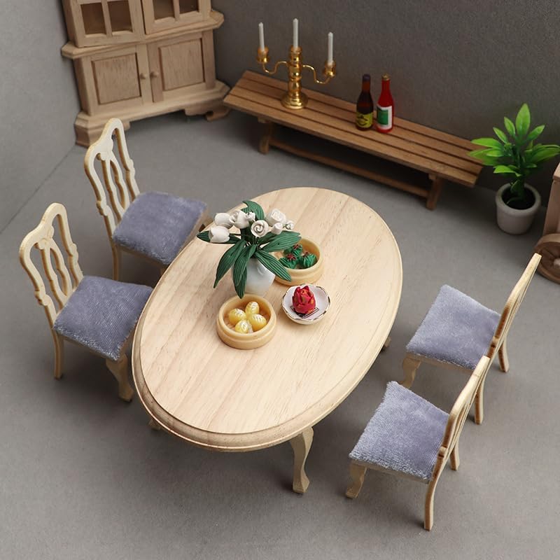 AirAds Dollhouse 1:12 Scale Dollhouse Miniatures Furniture Doll Accessories Dining Table and Chairs Set Unfinished Wood