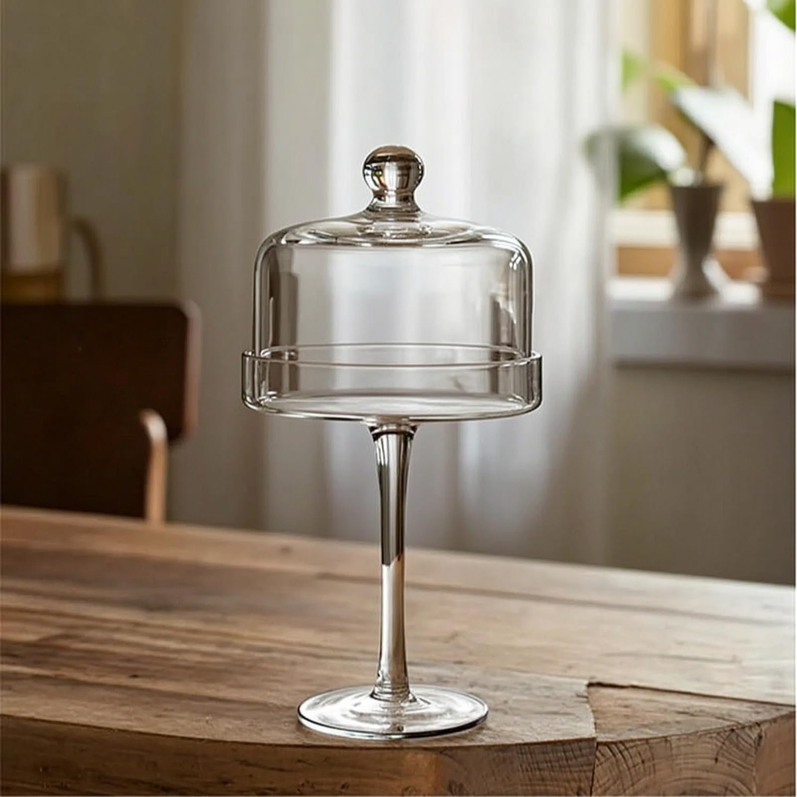 Plat à Gâteau avec Cloche en Verre Présentoir à Gâteaux avec Couvercle Anti-Poussière Cloche à ssert sur Pied pour Mariage, Transparent, Moyen