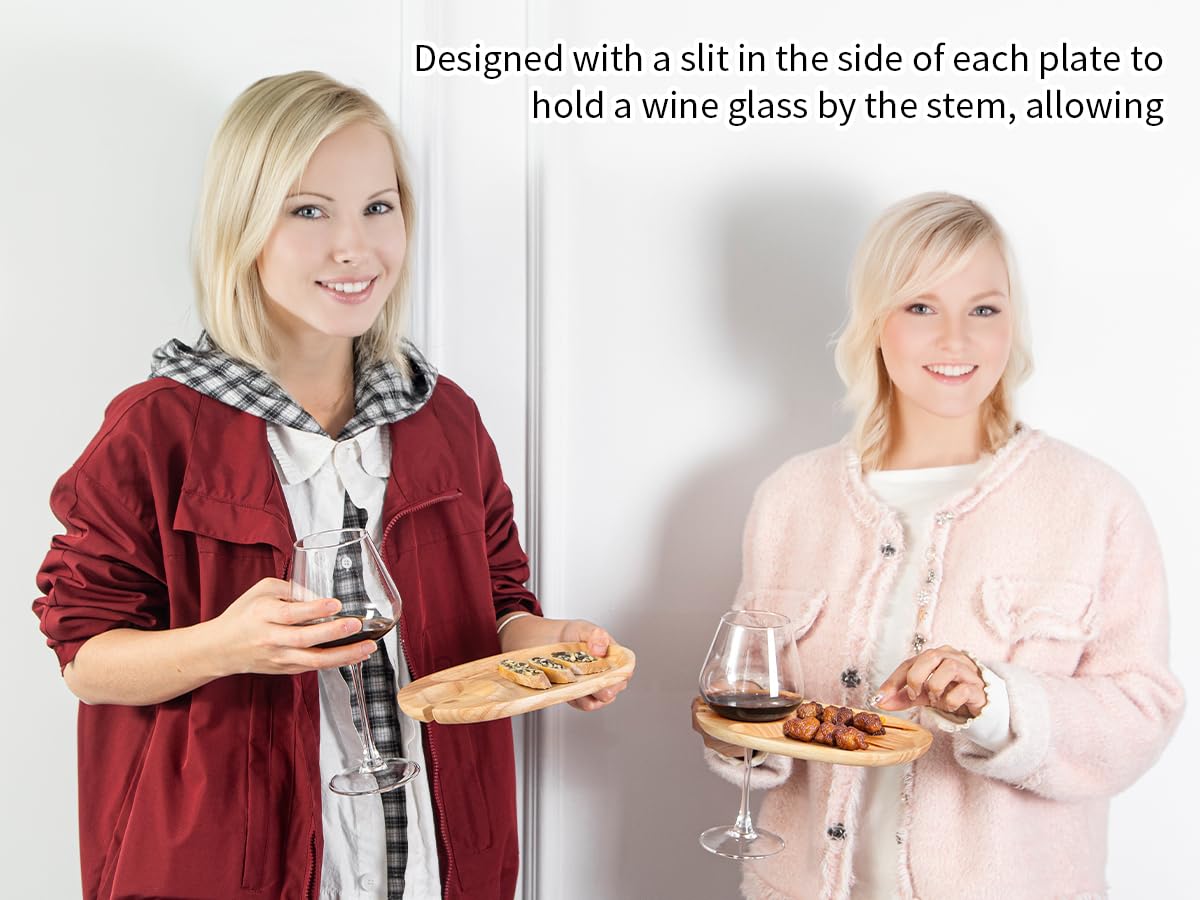 GinSent Set di 4 piatti in legno per antipasti, cocktail e antipasti con supporto per calici da vino, piccoli formaggi per feste di vino, feste di inaugurazione della casa, feste di compleanno (legno