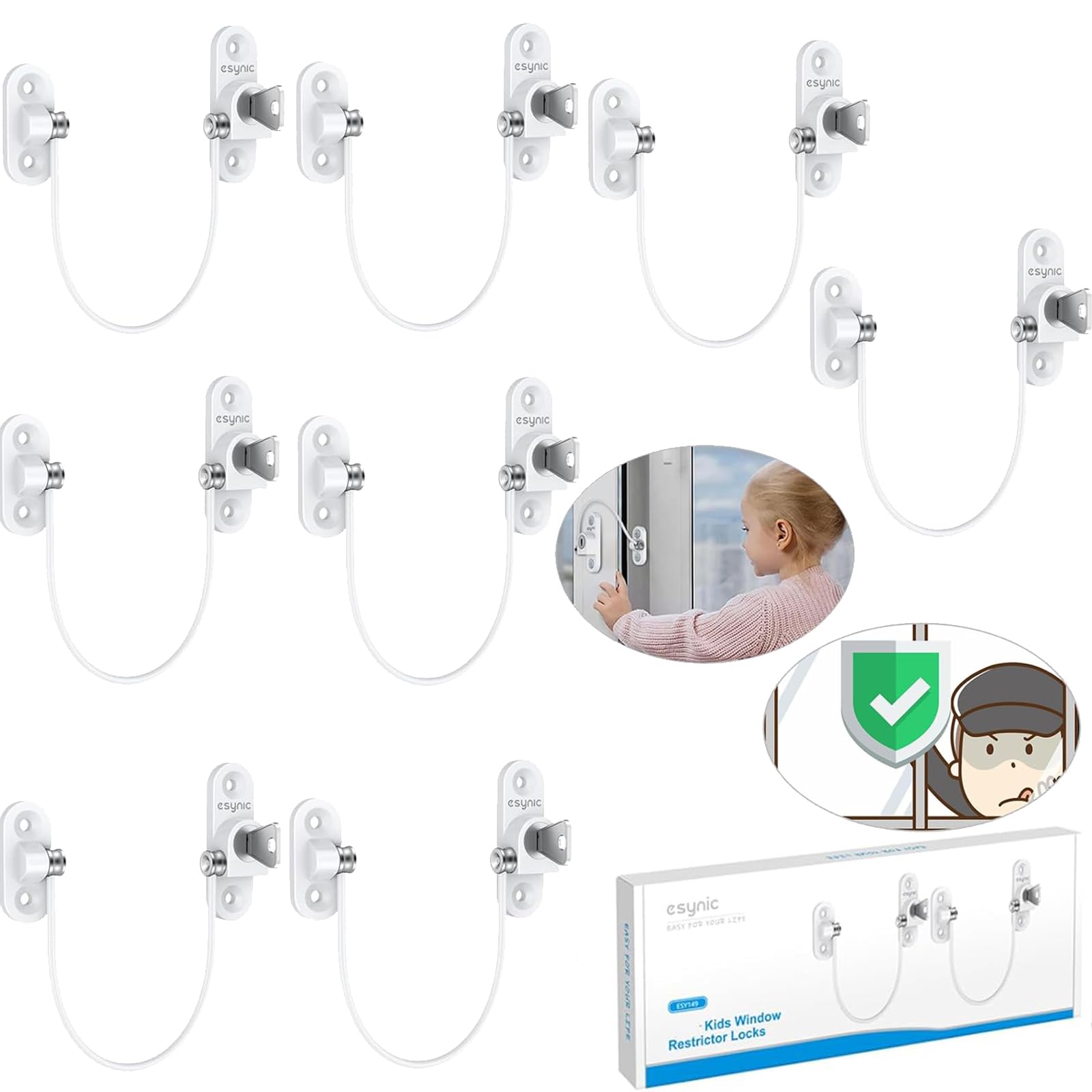 eSynic Pack de 8 verrous de fenêtre solides en alliage de zinc et en acier inoxydable, limiteurs de fenêtre pour UPVC, sécurité enfant, prévention des cambriolages, verrous de sécurité pour fenêtres