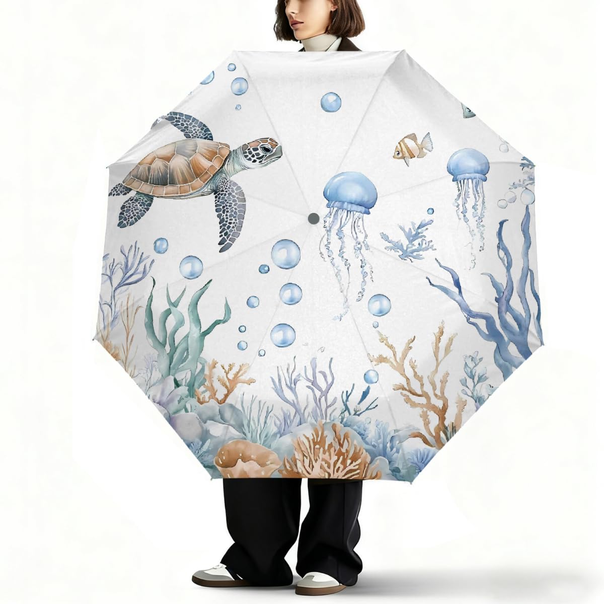 Ombrello pieghevole con tartaruga marina e medusa, ombrello da viaggio, compatto, antivento, impermeabile, con protezione UV, rivestimento nero, leggero, 8 costine, portatile, per pioggia e