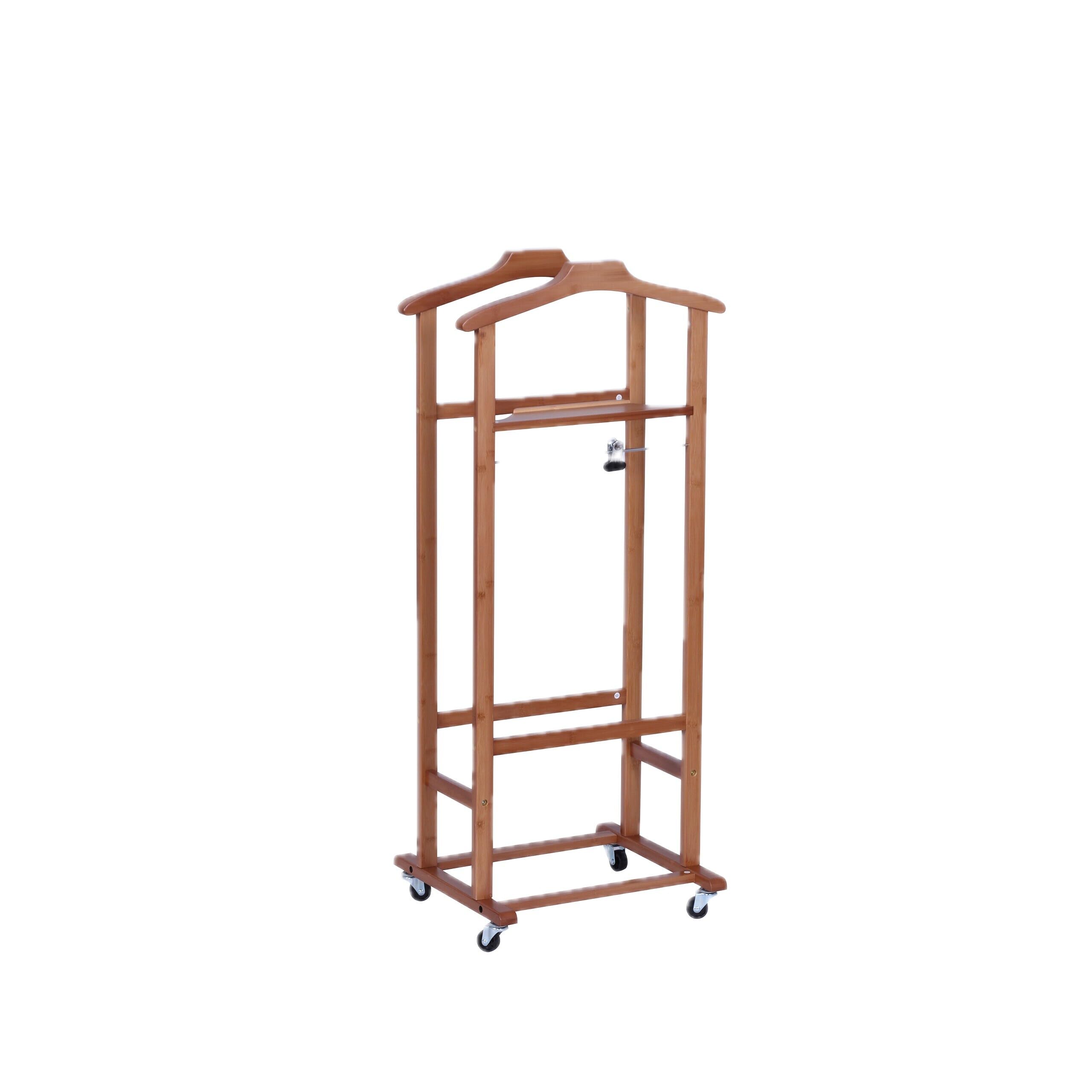 Relaxdays Valet sur roulettes en Bambou Premium, Porte-vêtements Chambre, H 107 x L 47 x P 37 cm, Brun