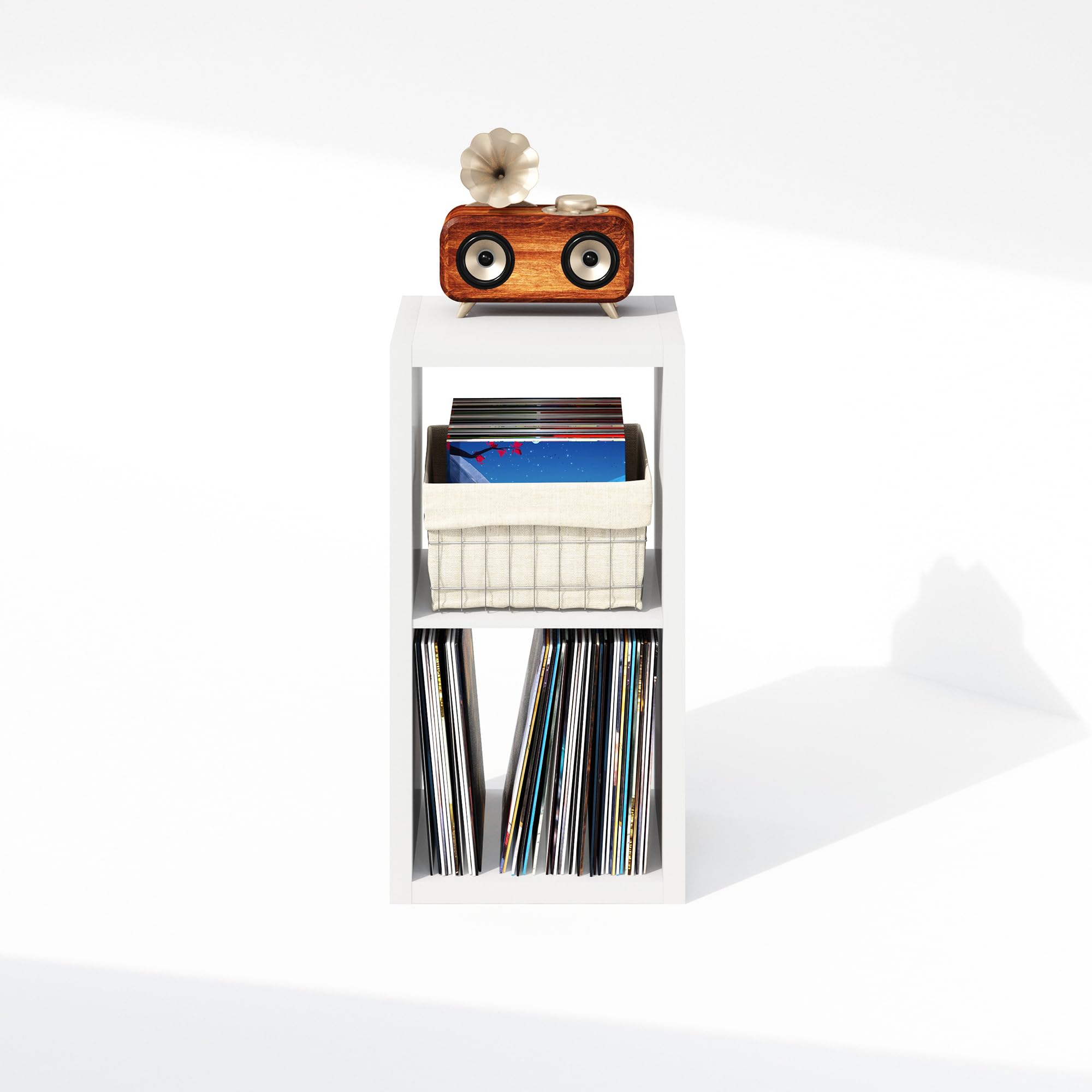 Furinno Cubicle Meuble Tourne-Disque avec Rangement pour Vinyles, 2-Cube Rangement pour Disques Vinyles 1.2 Extra Épais, Multimédia Ouverte À L'Arrière pour CD DVD Disques De Jeu Blu-Ray, Blanc