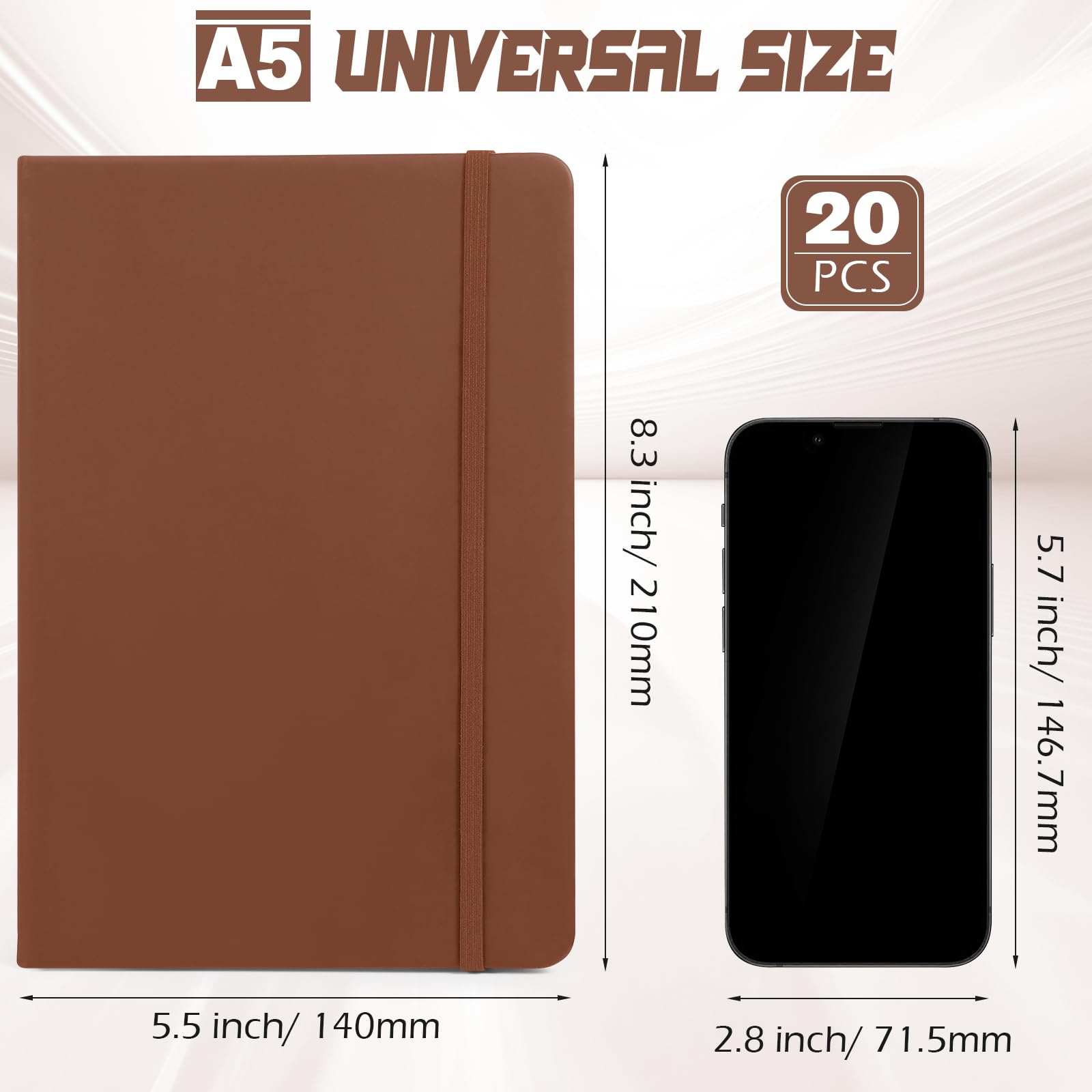 Honoson Lot de 20 carnets de notes lignés A5 à couverture rigide de 14 x 21 cm avec bande élastique pour la maison, le bureau, l'école (marron)