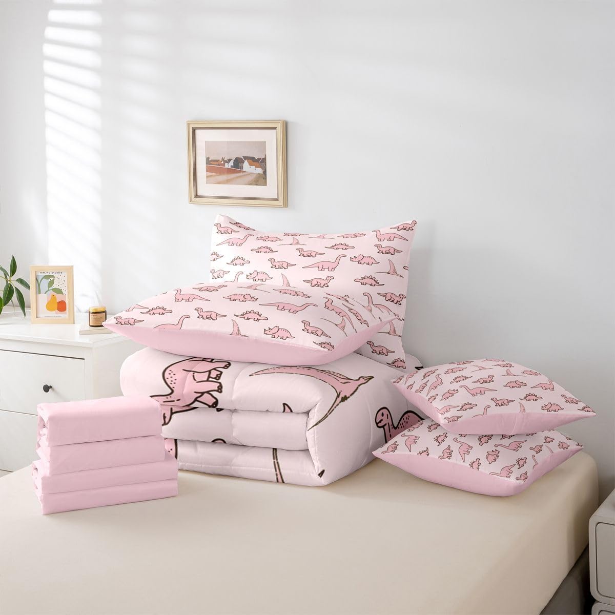 Erosebridal Dinosaur 7 Piece Bedding Set Full Light Pink Dino Comforter Set with Sheets Lovely Cute Animals Bed in A Bag Ancient Jungle Animals Bed Sets with 2 Pillowcases, 2 Throw Pillow Covers