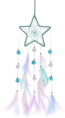 Pretty Jolly Atrapasueños de estrella verde para niños, decoración de pared con pompón, plumas, atrapasueños para bebés, hecho a mano, atrapasueños