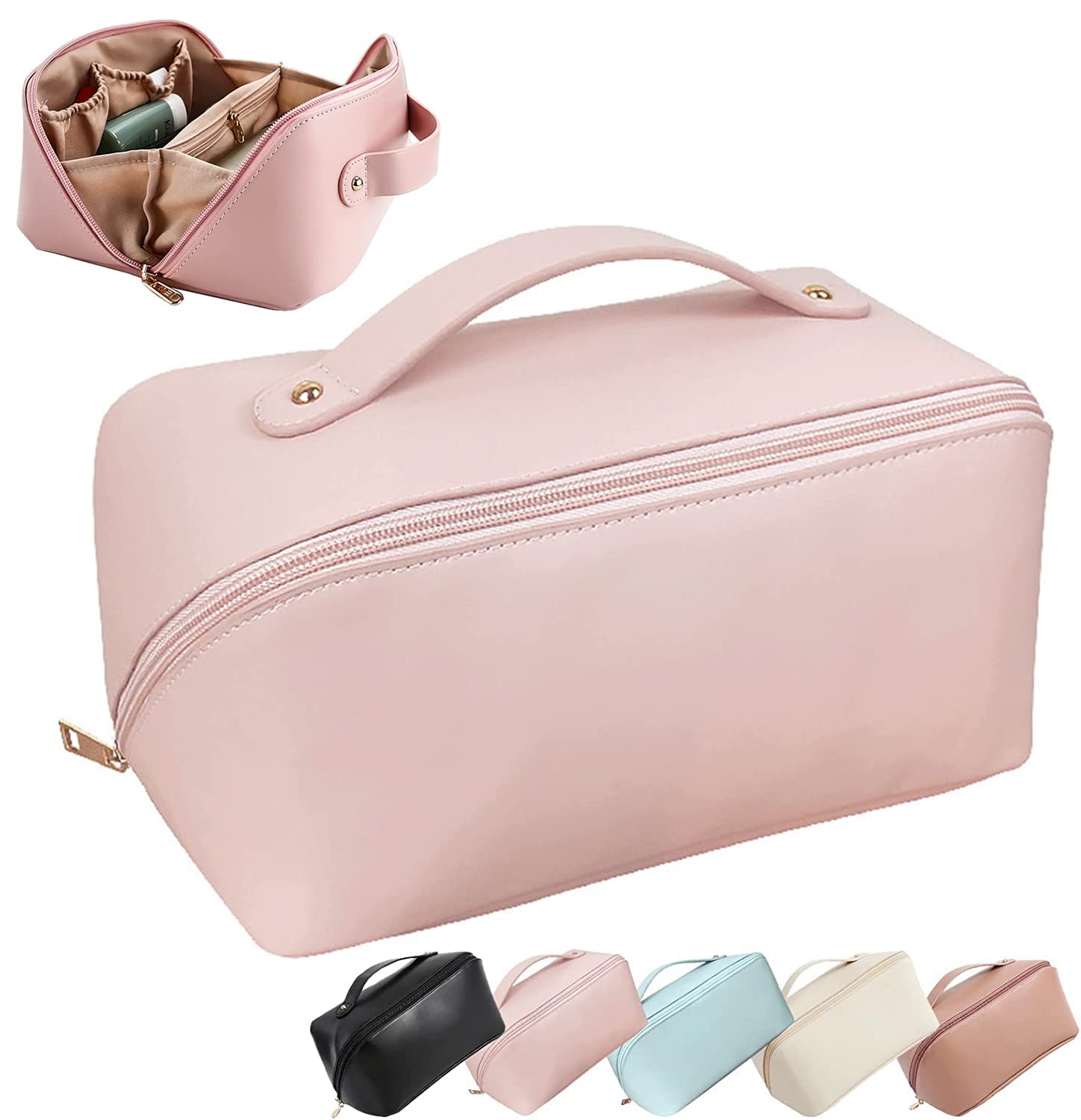 ARMOBICS 12 Cmc Large Capacity Cosmetic Travel Bag, Women's Makeup Travel Bag Portable Leather Cosmetics Bag, Makeup Storage Bags with Handle and Divder, Wide Opening Makeup Organizer (Pink)