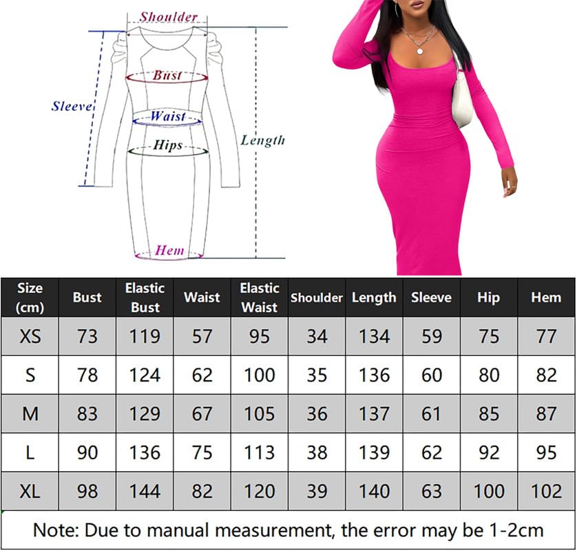 Vestito Donna Maniche Lunghe Aderente Abito Lungo con Scollo Quadrato Sexy Tinta Unita Bodycon Maxi Vestito Elasticizzato Abito da Cocktai per Feste e Cerimonie Discoteca
