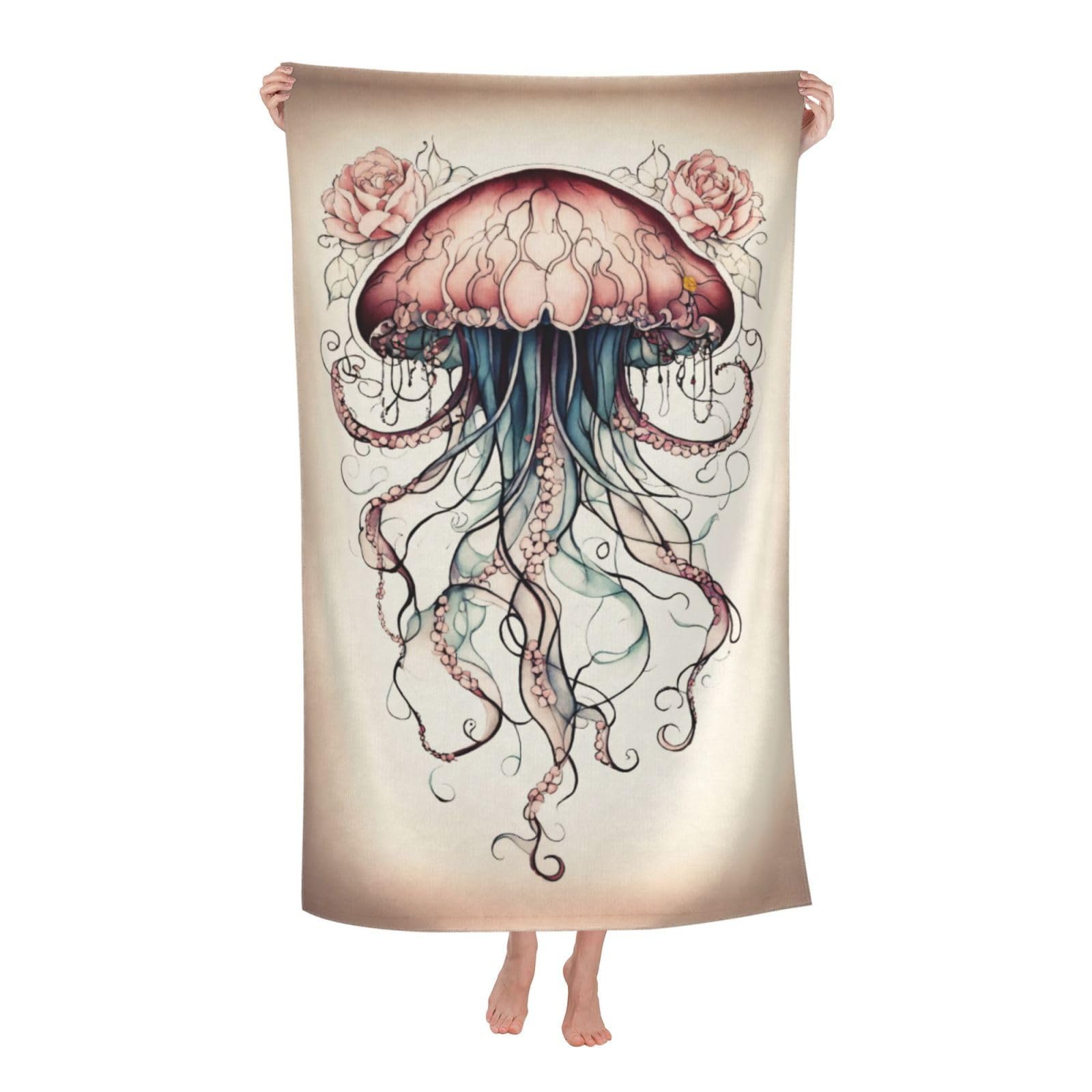 Pojknbv White Jellyfish Pattern Print Oversized Adult Beach Towel Quick-Dry Comfortable Lightweight Travel Pool Camping