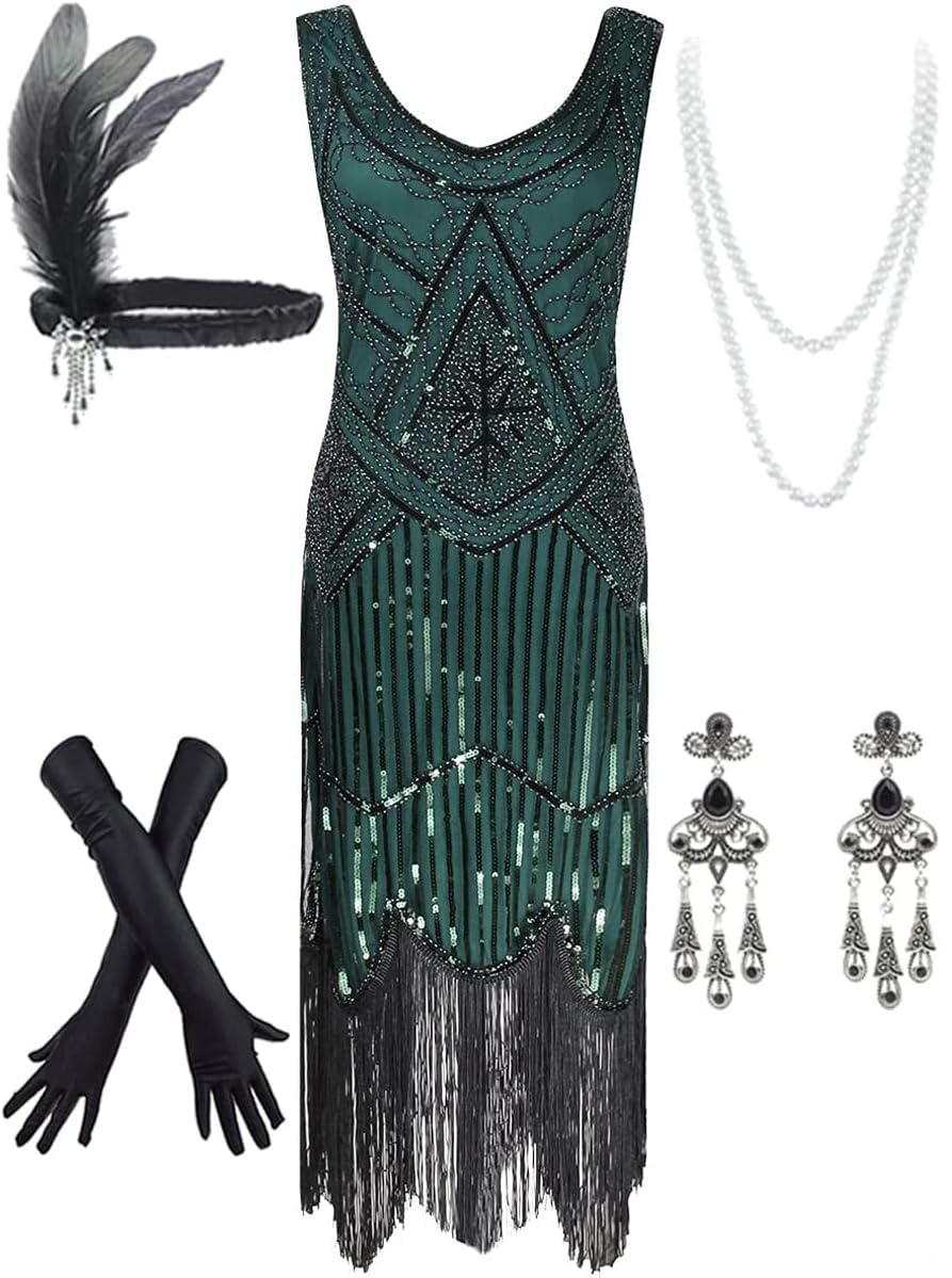 Women's Vintage 1920s Sequin Beaded Tassels Hem Flapper Dress w/Accessories Set