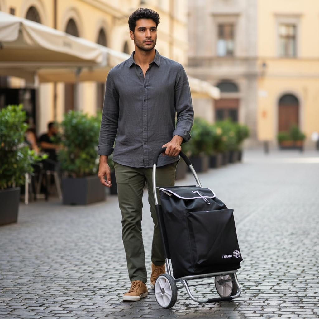 Carro de la Compra Plegable con Bolsa Térmica 100% Alumino Super Ligero 60L litros para Subir Escaleras, Carrito del Mercado, Bolsa Impermeable isotérmica. (Negro)