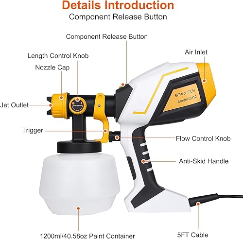 Miniatura 8 de Pulverizador de pintura, pistola de pintura eléctrica HVLP de alta potencia con boquillas de cobre y 3 patrones de pulverización, pulverizadores de