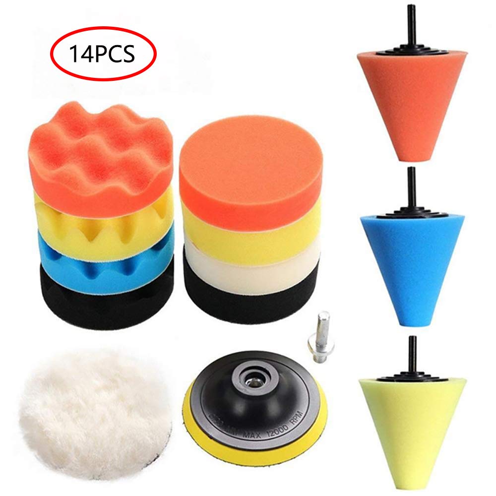 Car Polishing Sponge, 14Pcs Polishing Pads Sponge Wool Polishing Waxing Buffing Pads Kit 3 Inch 80mm Car Buffing Pads Wool Polishing Pads with M10 Drill Adapters for Car Polishing, Sanding, Waxing