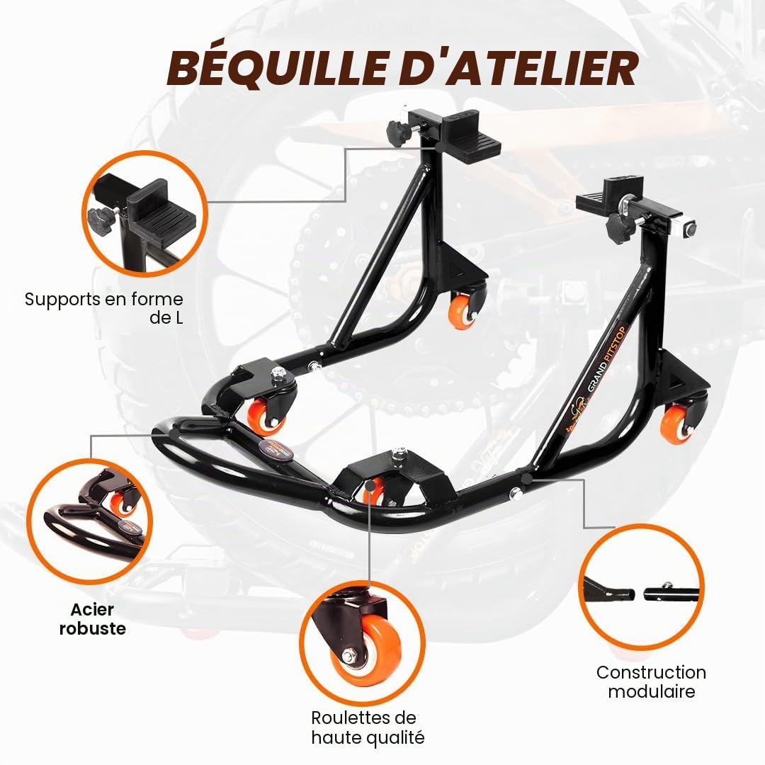 Grand Pitstop Béquille arrière réglable universelle pour moto avec bras oscillant (démontable à 360°, noir, poids de la moto jusqu'à 226 kg)