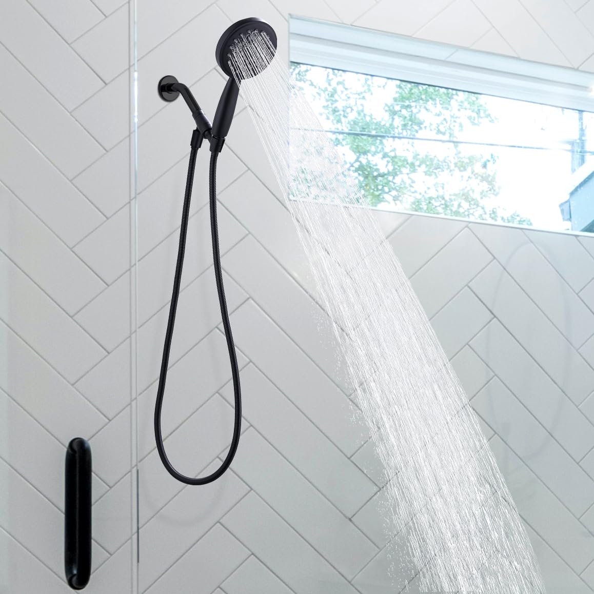 Cabezal de ducha de mano 100% metal con manguera y soporte fabricado con acero inoxidable y latón cabezal de ducha de mano de alta presión soporte ajustable manguera flexible extra larga (negro mate)