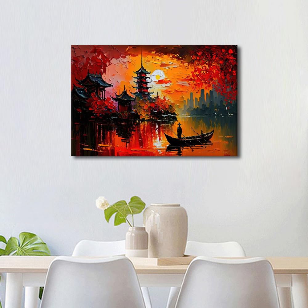 Modern Wall Decor 1 Panels Oil Painting Style Pictures Print on Canvas for Home Wall Decorations Asian Ancient Town Lakeside Landscape Artwork Stretched Framed Ready to Hang - Image 3