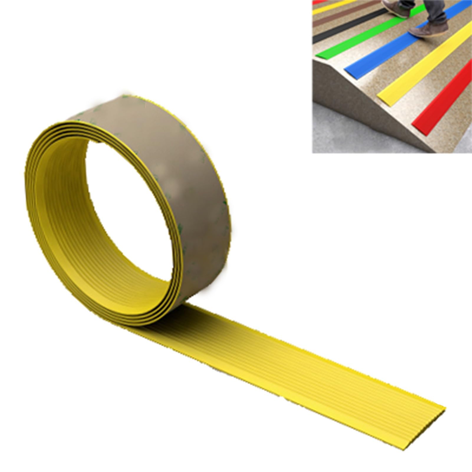 Tira antideslizante para peldaños de madera, protector de borde de goma para escaleras interiores, tira de transición para alfombras de peldaños amarillos, 23 pies