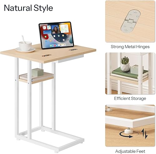 Miniatura 25 de HOOBRO Mesa auxiliar plegable, mesa auxiliar en forma de C con estante de almacenamiento, pequeña mesa de aperitivos adecuada para sala de estar,
