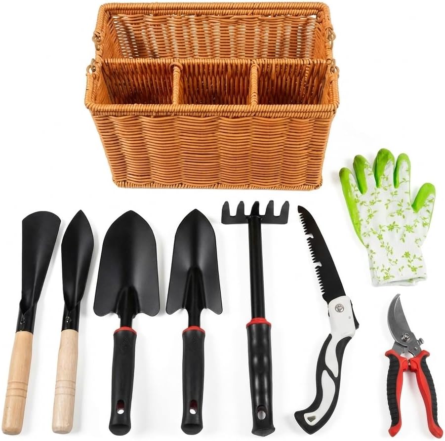 Juego de herramientas de jardín, 9 piezas, marrón | Acero inoxidable resistente, incluye cesta, tijeras de podar, guantes incluidos, para mujeres y hombres.