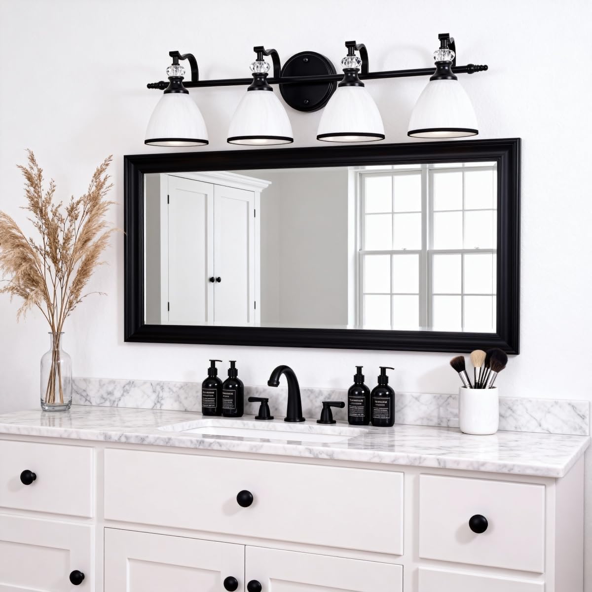 ANDY STAR Vintage Bathroom Light Fixture, 4-Light Vanity Lights, 28 inch Farmhouse Wall Sconces, Black Wall Lamp with Milky Glass, Well-Made Bathroom Lighting Fixtures Over Mirror for Living Room
