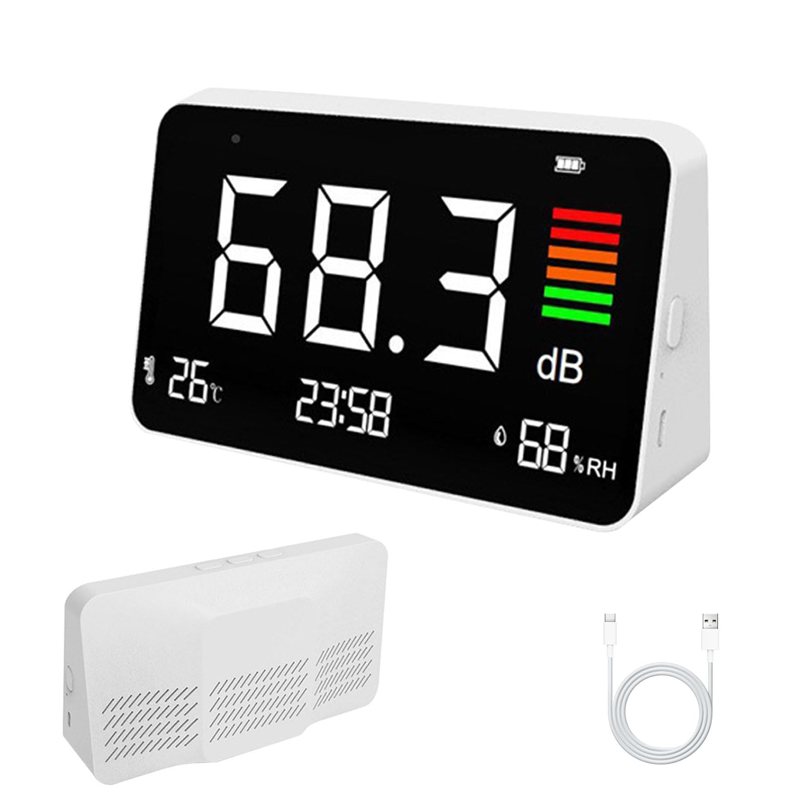 Dezibel Messgerät 30–130dB LED-Anzeige Schallpegelmessgerät Lärm Zeit Temperatur Luftfeuchtigkeit