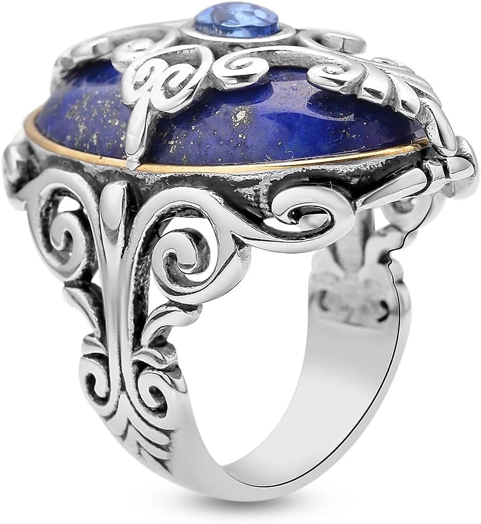 Blue Lapis Lazuli Ring for Women - Cocktail Statement Birthstone Rings for Women Black Oxidized ION Plated Yellow Gold - Promise Gemstone Jewelry Stainless Steel Engagement Christmas Gifts