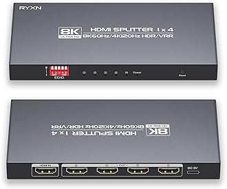 8K HDMI Splitter 1 in 4 Out 4K@120Hz 8K@60Hz HDMI 2.1 Splitter, Supports HDCP 2.3, EDID, HDMI Audio Out, for PS5/PS4, Xbox, Fire Stick, Blu-ray Player, Hue Sync Box