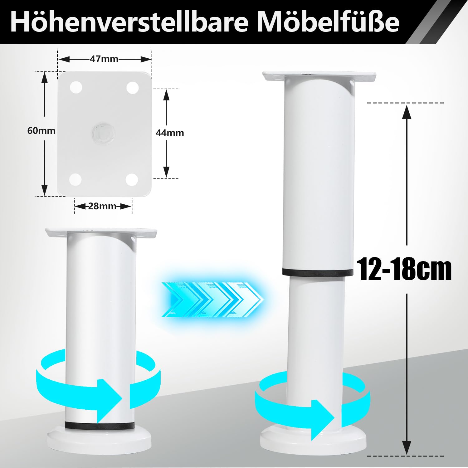 8 sztuk regulowanych nóżek 12-18 cm białe nogi szafki metalowe