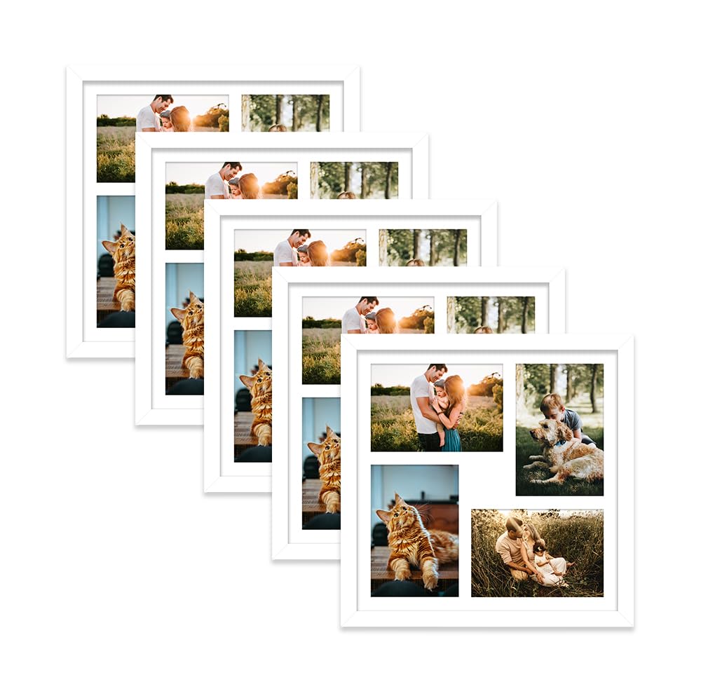 White Multi Photo Frame - Holds 4 x 6x4 Pictures, Family Collage Picture Frame for Wall Display, 12x12 Frame size, Set of 5