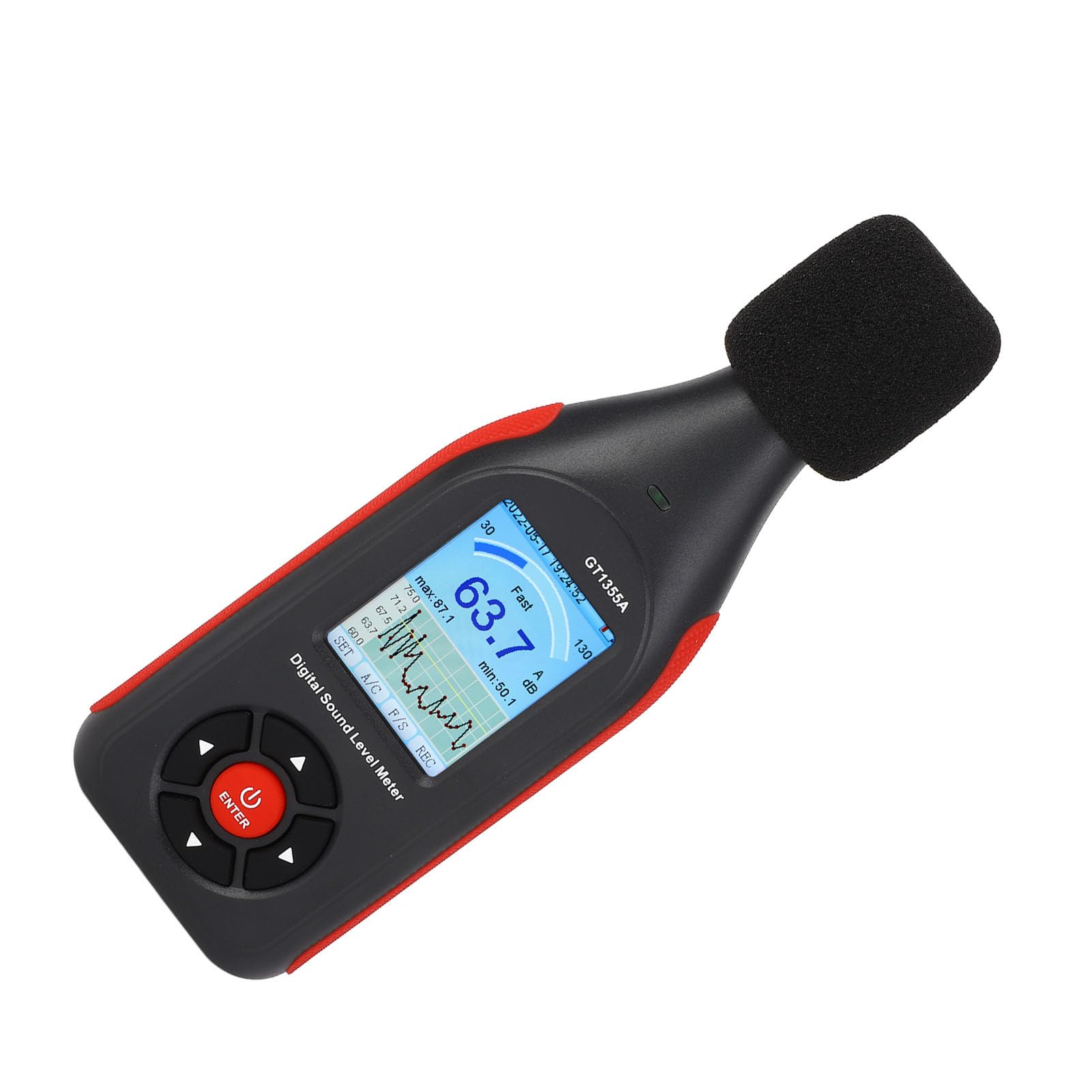 Fonometro portatile con schermo LCD retroilluminato e modalità di risposta rapida e lenta - Lettore digitale del livello di rumore con misurazione di temperatura e umidità -