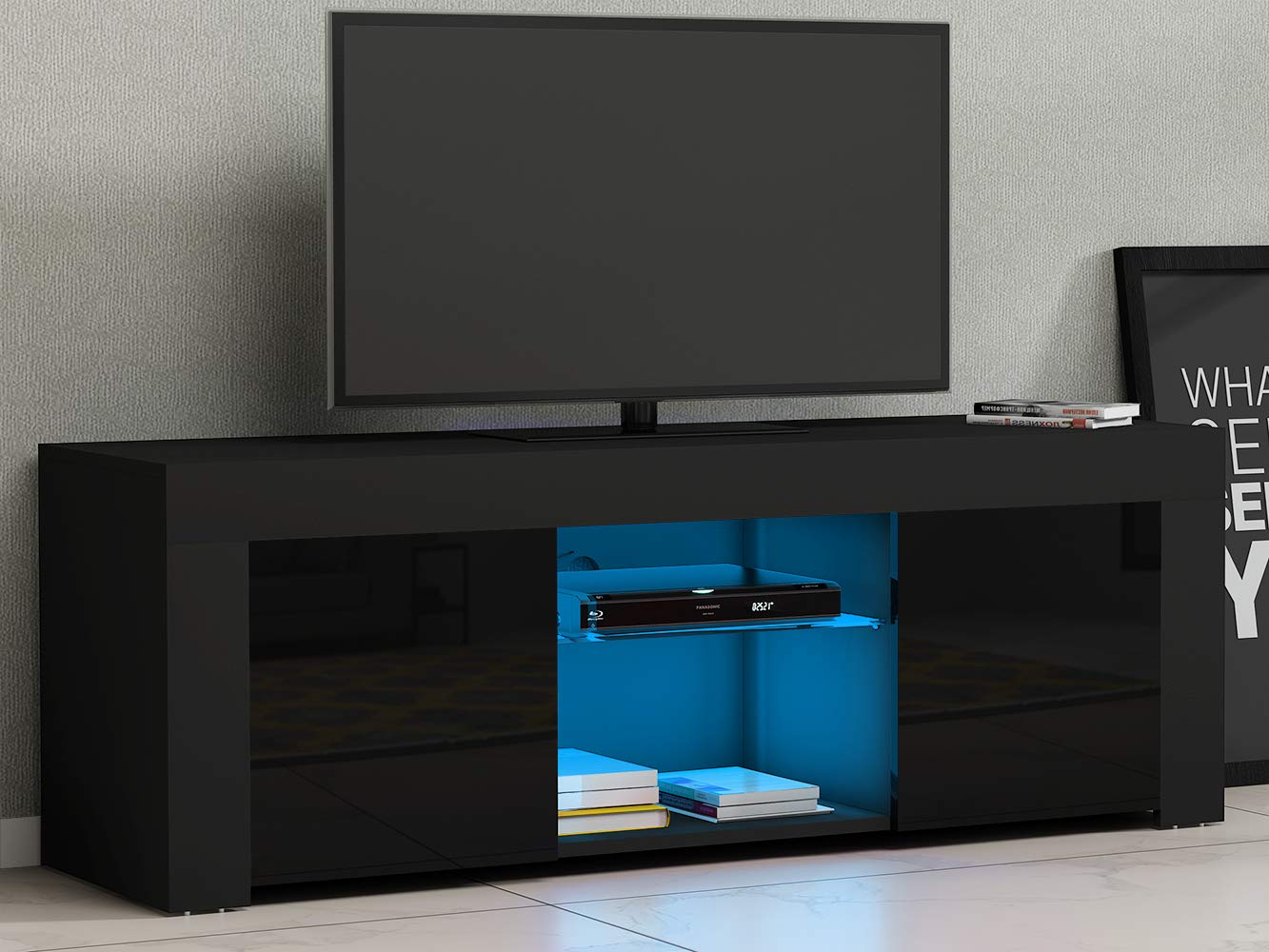Panana RGB LED TV Stand Cabinet Unit Modern 120cm TV Desk with Storage Drawer for Entertainment Living Room Furniture (Black Matt Body & Black High Gloss Fronts)