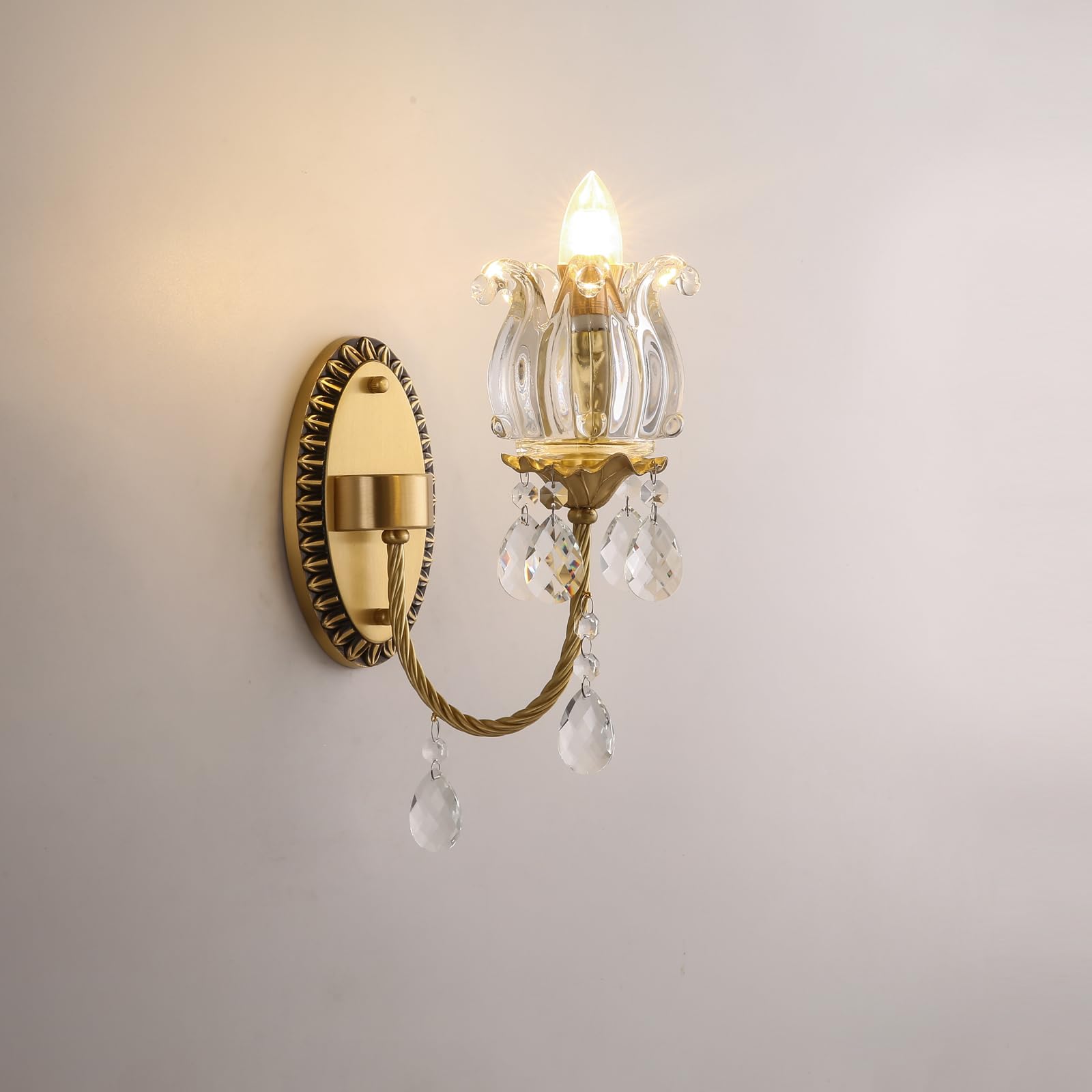 HUAYUSEDF French Brass Crystal Wall Sconces American Retro Candle Living Room Bedroom Bedside Lamp Villa Hotel Study Aisle Corridor Light (H 1 Light)(F 1 Light)