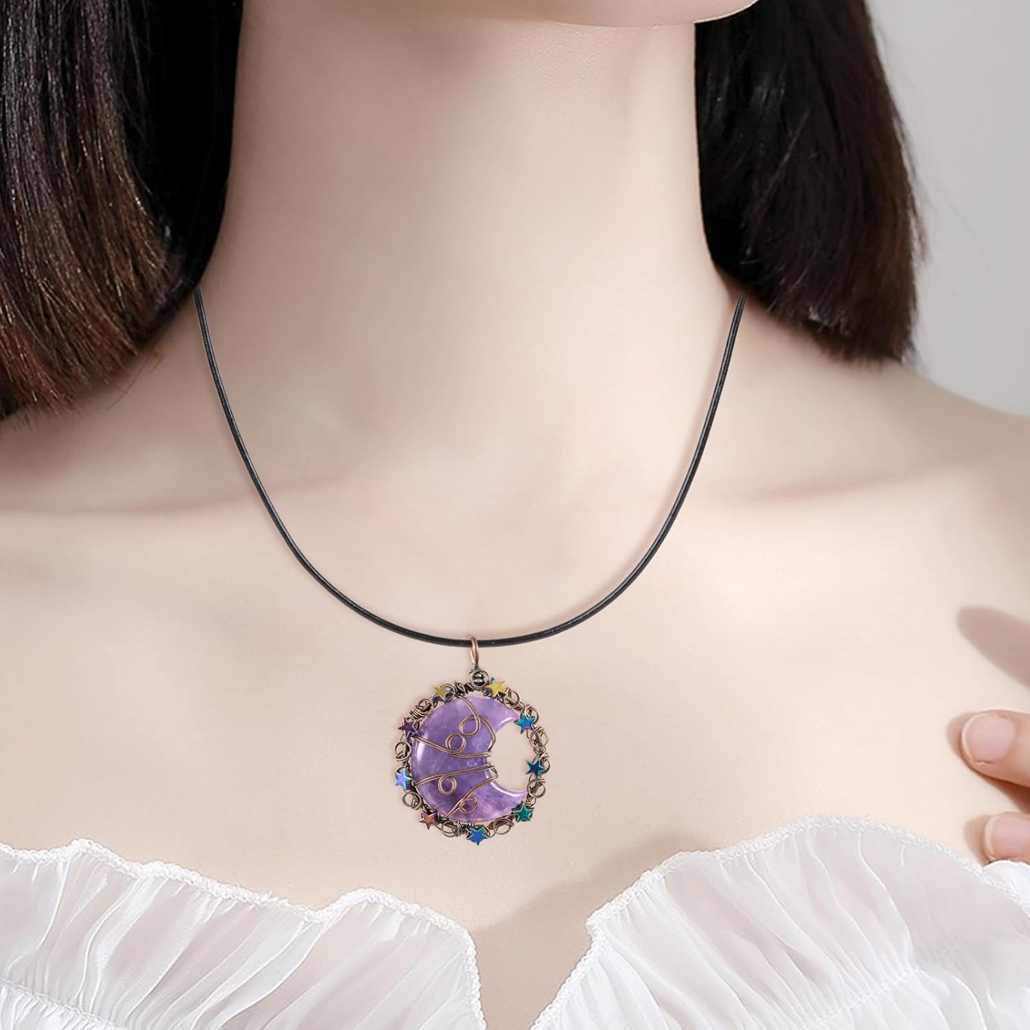 TUMBEELLUWA Crescent Moon Star Crystal Necklace for Women Men Reiki Healing Stone Copper Wire Wrapped Pendant with Adjustable Cord - Image 3