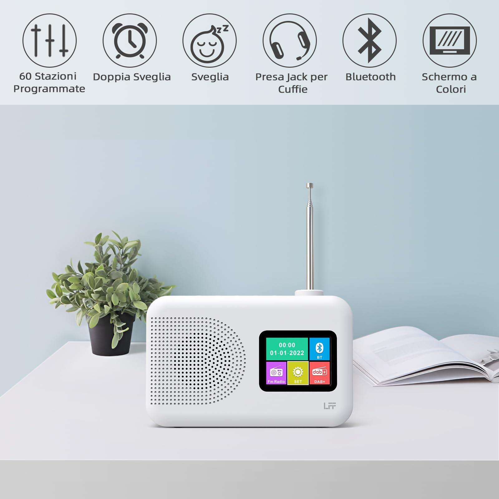 LFF DAB Radio, DAB Plus, radio digitale FM, radio da cucina con cavo o funzionamento a batteria, display a colori radio con Bluetooth