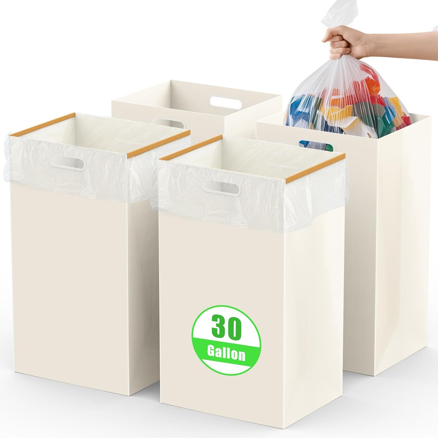 30 Gallon Disposable Trash Cans with Built-in Handles, 4 Pack Extra Large Portable Trash Can, Waterproof Layer Reusable Garbage Can, Recycling Bins, Extra-Thick Recycled Cardboard, Perfect for Parties White 30Gallon