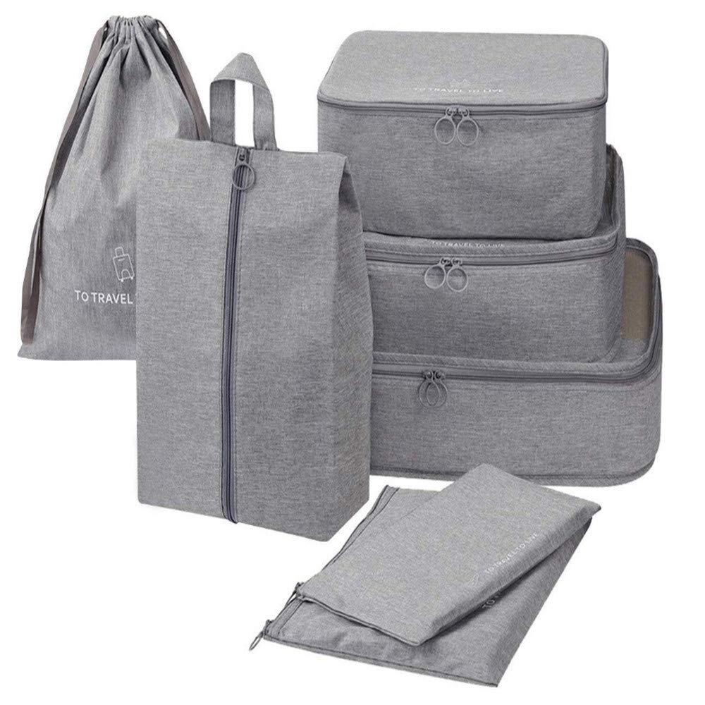 Bansga Bansga 7 Set de Organizador de Equipaje-3 cajas de cubos + 2 Pouches+ 1 ropa de baño + 1 saco de zapatos（Grey）