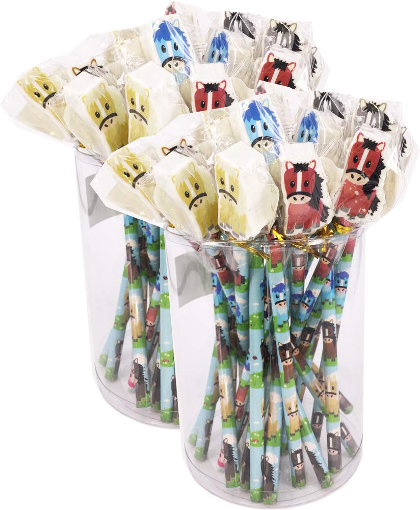Classroom Capers 48 x Colourful Horse Pony Pencils & Large Eraser - Girl/Boy/Child Party Bag Fillers