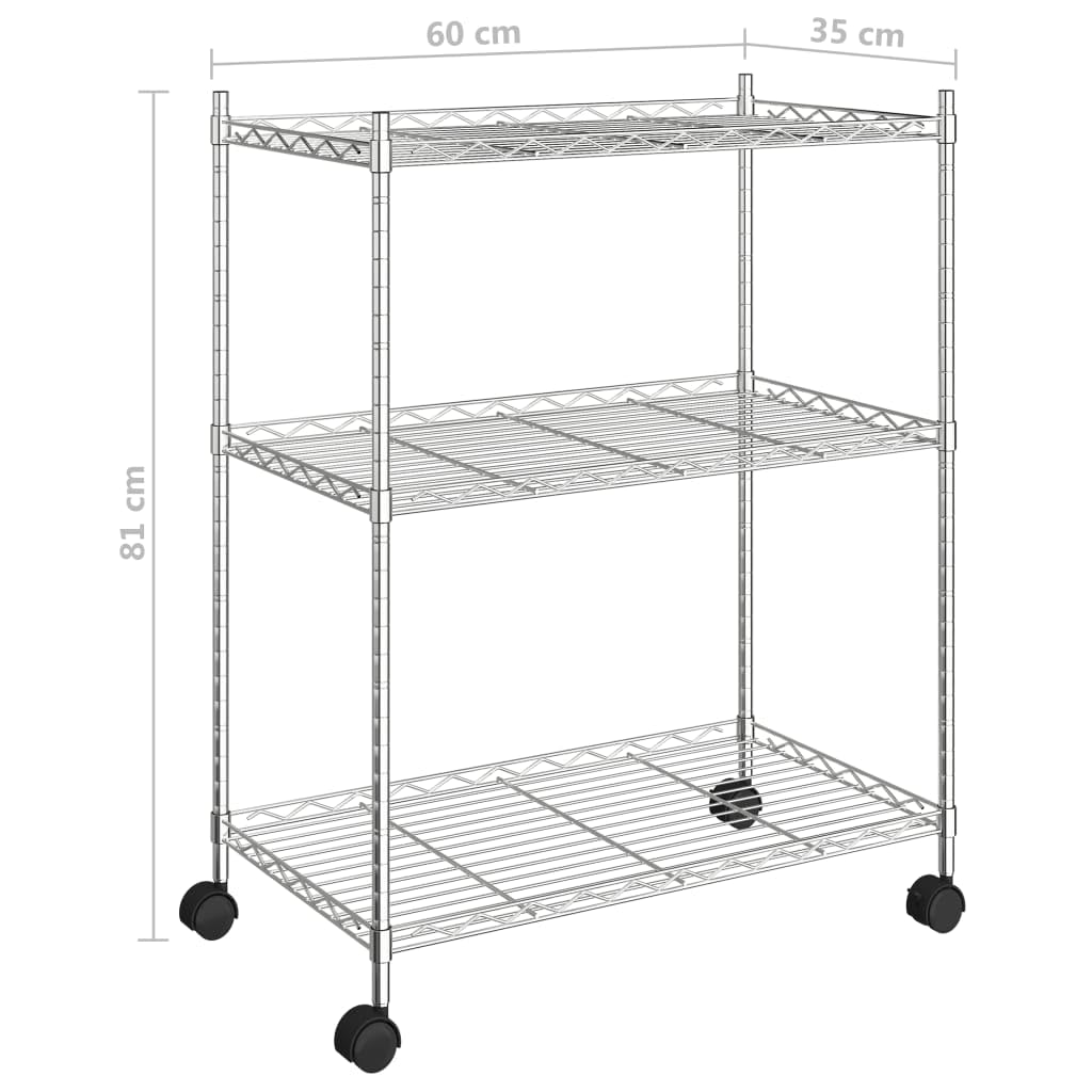 Homgoday Scaffale a 3 ripiani con ruote, 60 x 35 x 81 cm, cromato, 150 kg