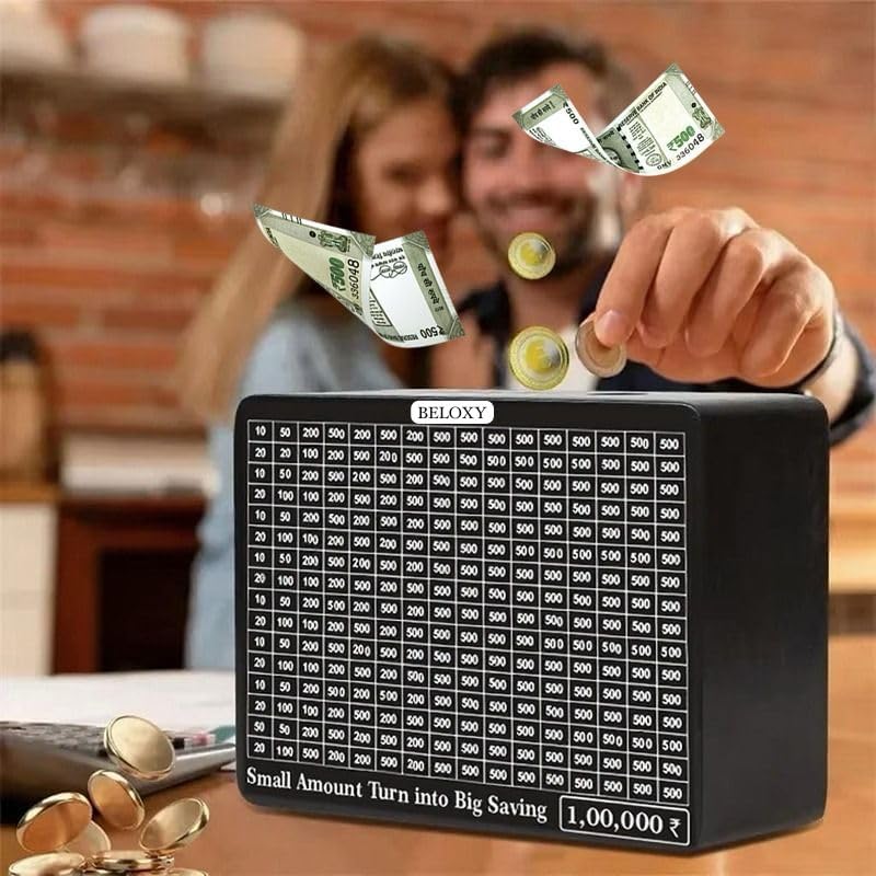 Image of Money Saving Box for Kids and Adults | Wooden Money Bank with Lock | Big Size Piggy Bank 2 Lakh Target | 1 Lakh Saving Box with Numbers | Undiyal Hundi Pig (Black)