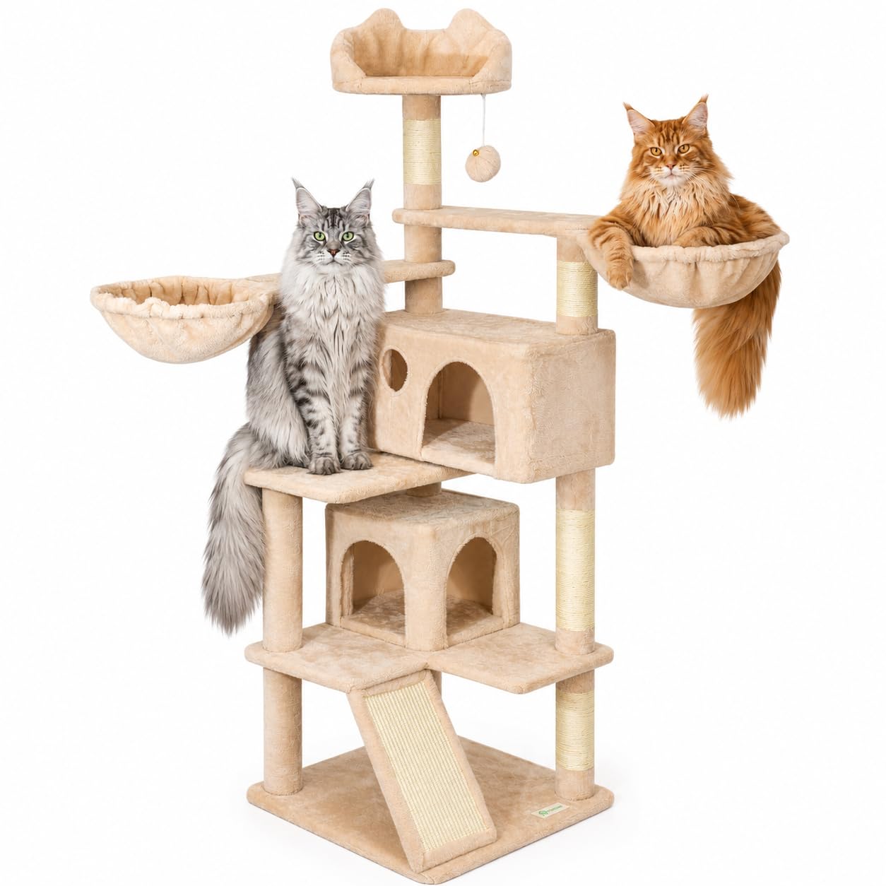 Arbre a Chat 165 cm, Griffoir Chat en Sisal, 2 Niches, 2 Hamacs, 1 Perchoir, Tour a Chat Stable pour Grands Chats et Chatons, Peluche Beige, Montage Facile, Garantie 5 Ans