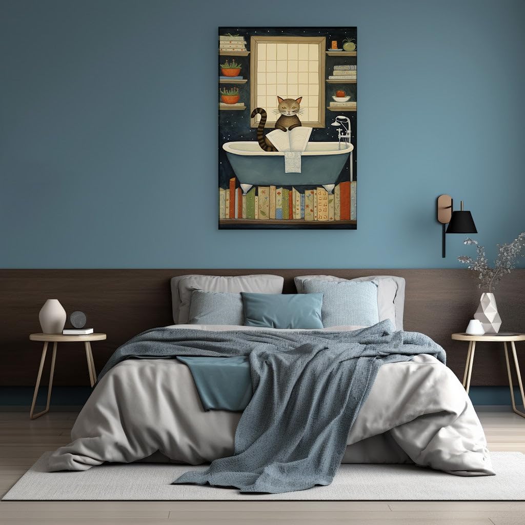 Canvas for Living room. Whiskers and Wisdom: A Feline Scholar's Bathtime Book Haven, 27 x 18 inch Canvas Wall Art - Ready to Hang - 69x46 cm (27x18 inch)