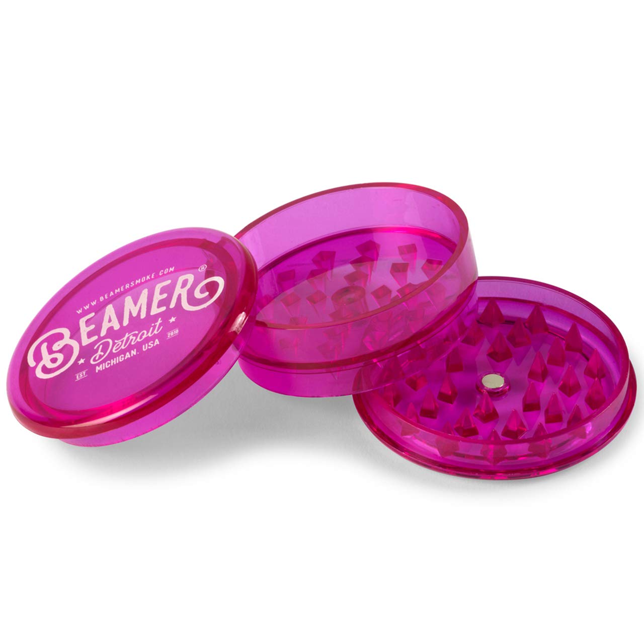 Beamer Detroit Logo 3-Piece 63mm Acrylic Grinder - Transparent Purple Color + Beamer Smoke Sticker